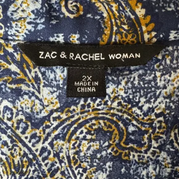 Zac and Rachel Woman Blue and Gold Paisley Blouse Roll Tab Sleeves 2X - Picture 4 of 7
